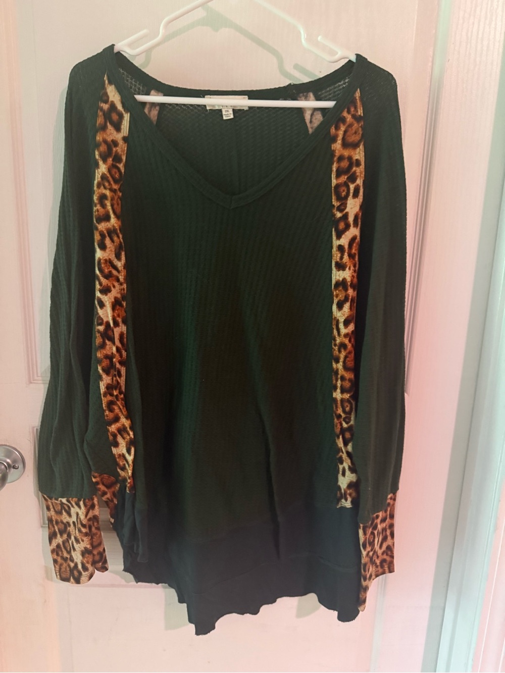 Umgee Green V-Neck Top with Leopard Print Trim